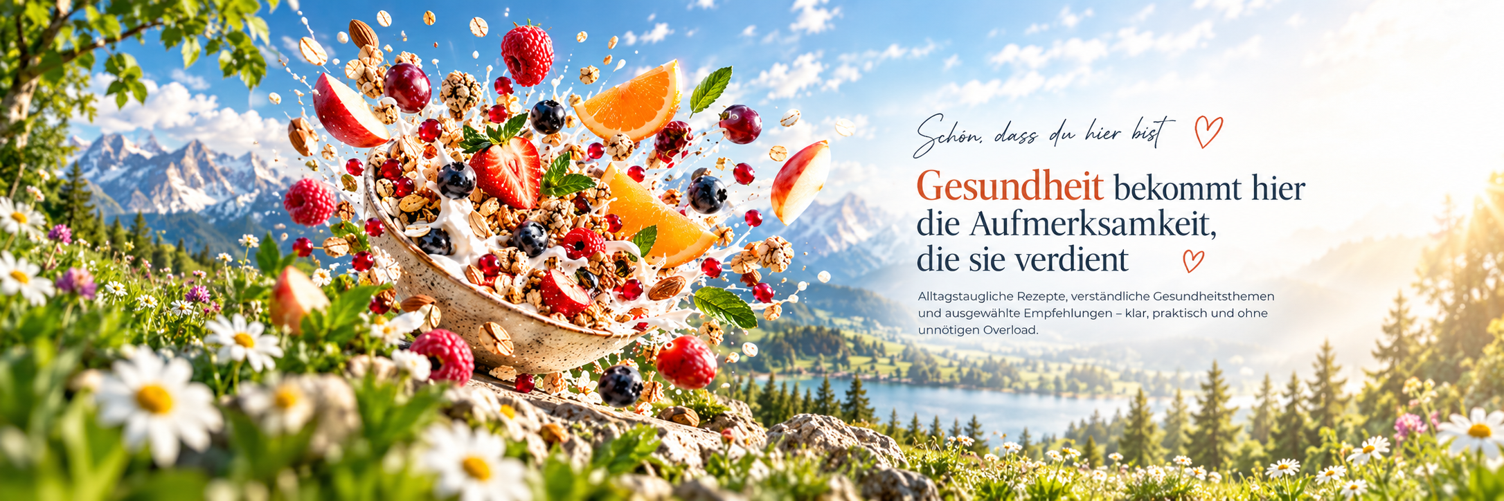 Explodierende Müslischale mit Früchten vor Alpenkulisse – Smart Health Living
