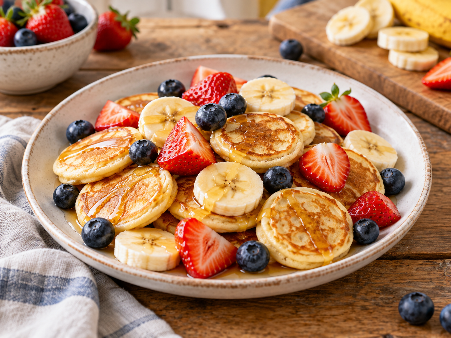 Mini-Pfannkuchen mit Obst fertig zubereitet