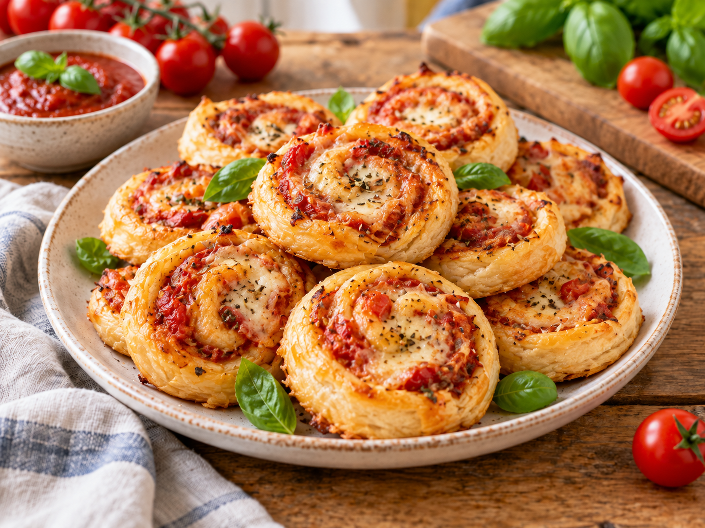 Pizza-Schnecken mit Blätterteig fertig zubereitet