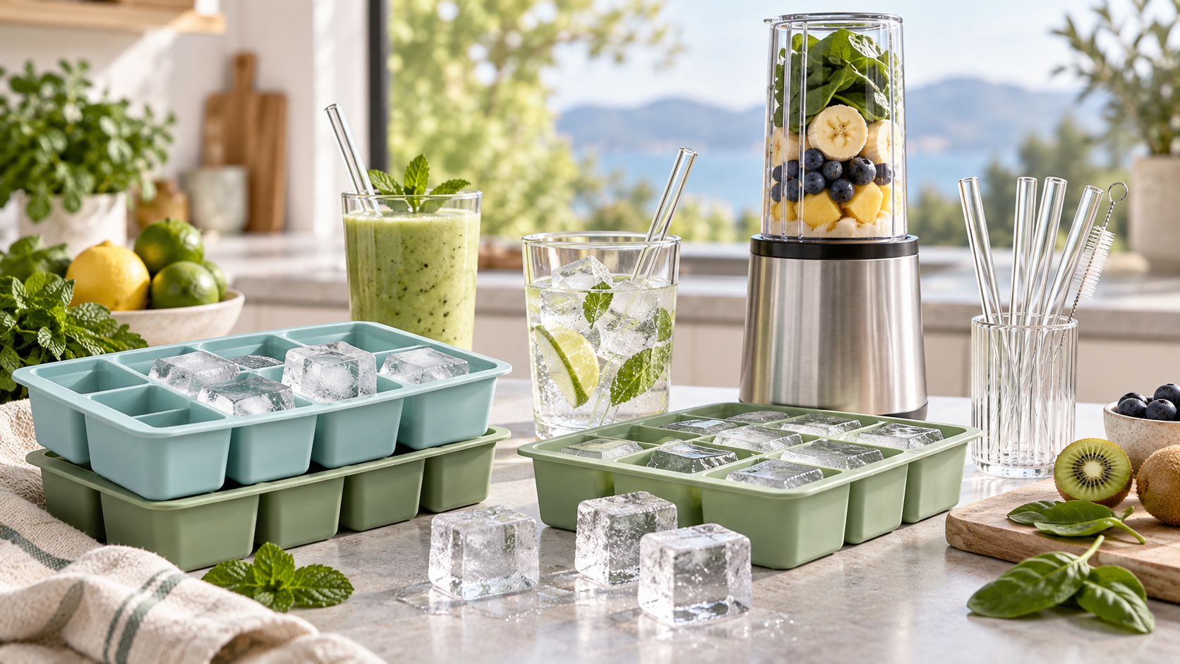 Mixer, Trinkgläser, Glasstrohhalme und Silikon-Eiswürfelformen für gesunde Drinks