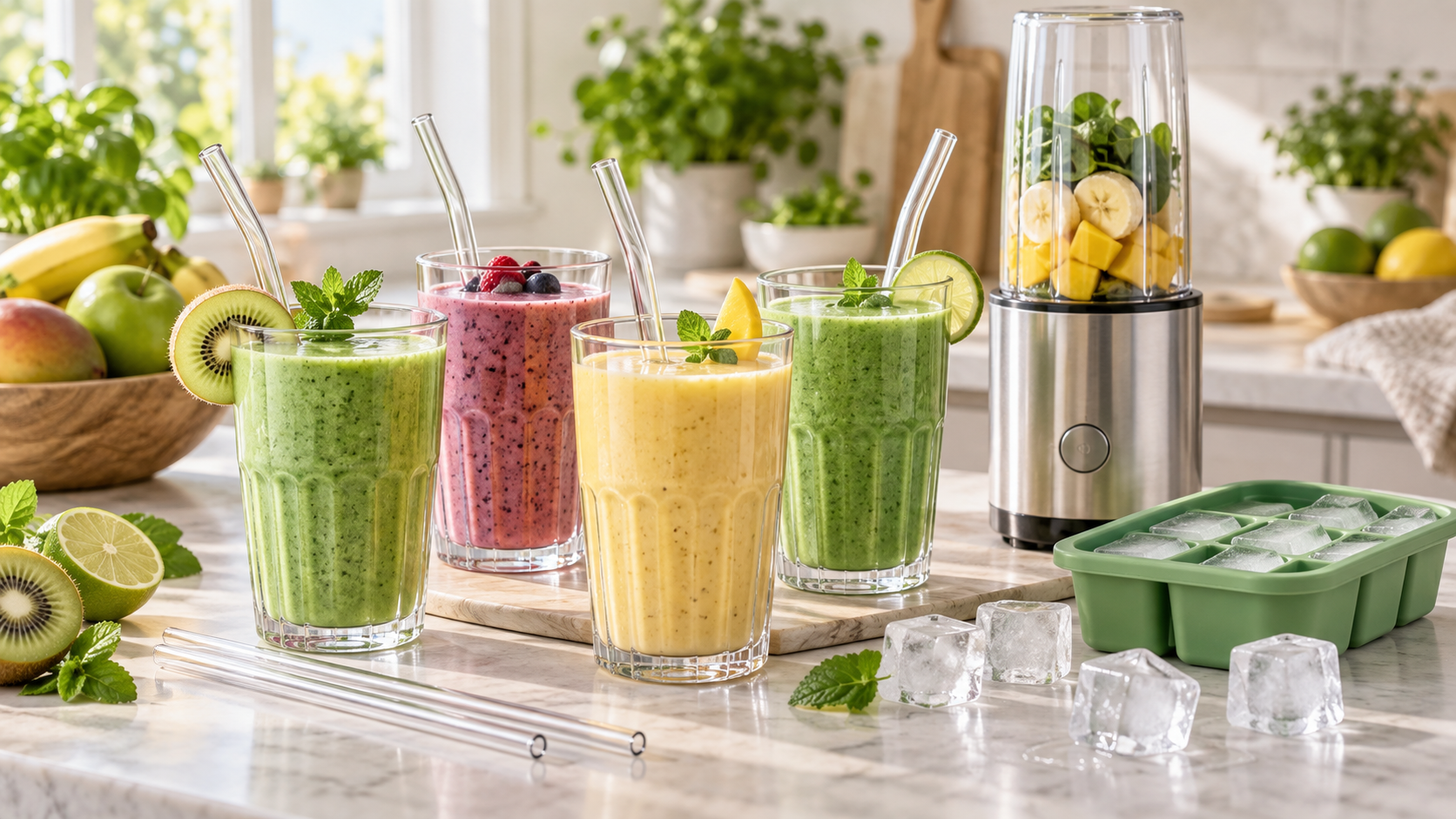 Mixer, Trinkgläser, Glasstrohhalme und Silikon-Eiswürfelformen für gesunde Drinks