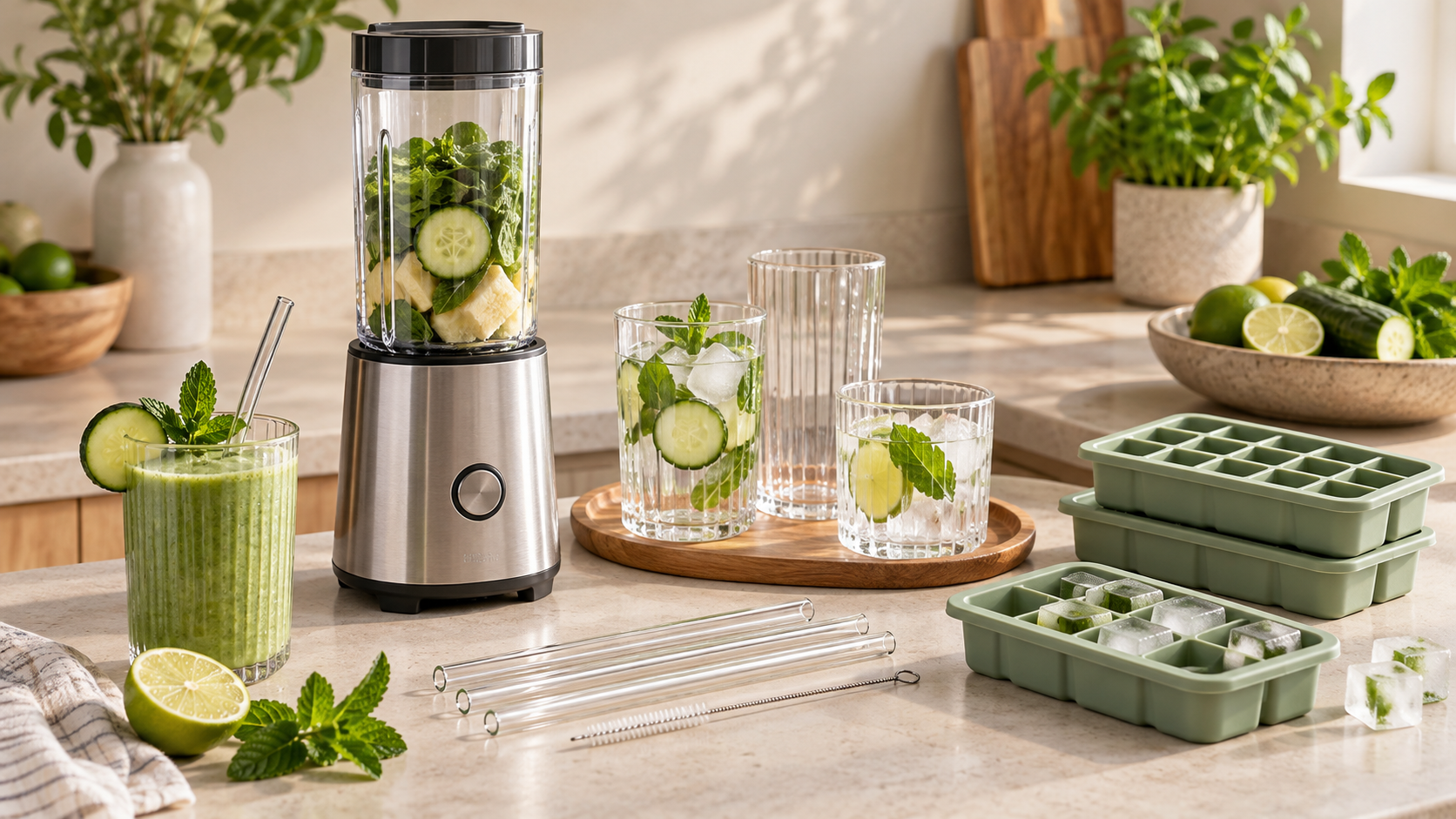Mixer, Trinkgläser, Glasstrohhalme und Silikon-Eiswürfelformen für gesunde Drinks
